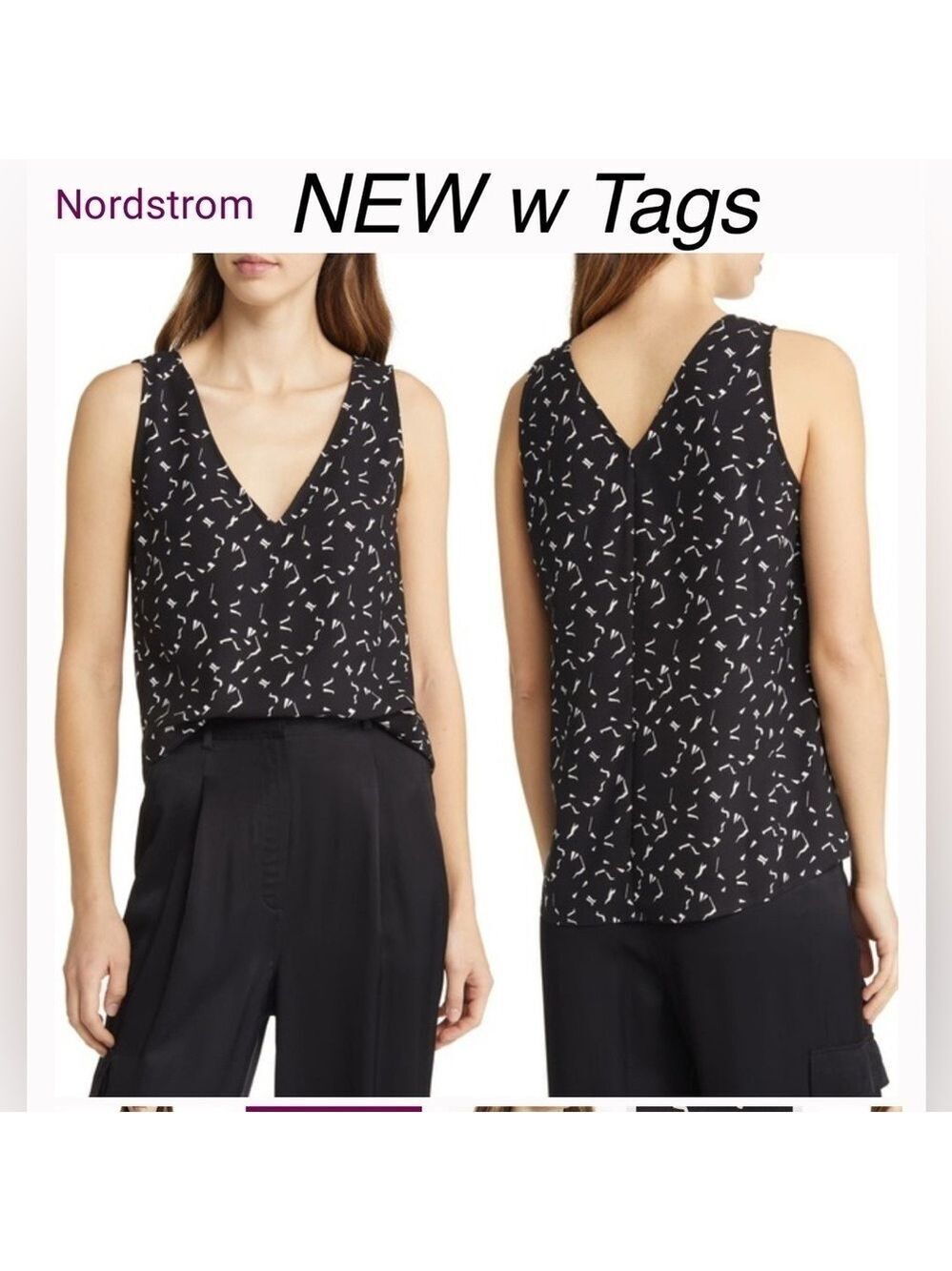 NEW Nordstrom Minimalist Satin V Neck Geo Spot Sleeveless Blouse XXS nwt